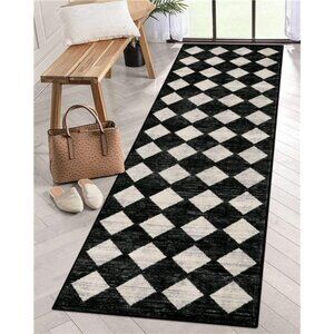 Moroccan Trellis Runner Rug - 2x8 Black Hallway Runner Rug with Rubber Backing